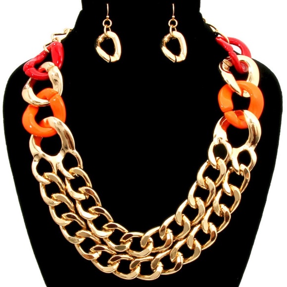 Orange, Red and Gold Link Necklace and Earrings Se - Picture 1 of 2